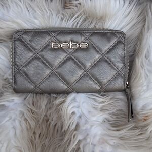 Bebe Pewter leather quilted full zip wallet